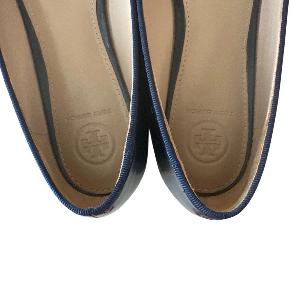 Tory Burch Samantha Patent Smoking Slippers Navy Gold Logo Flats 8.5